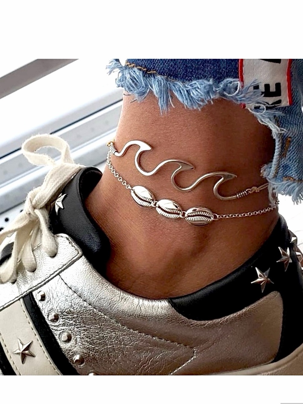 Seaside Cowrie Shell & Wave Anklet Set